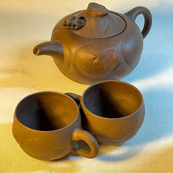 Yixing teapot and cups Chinese purple clay with dragon & pumpkin for good luck - Picture 1 of 10